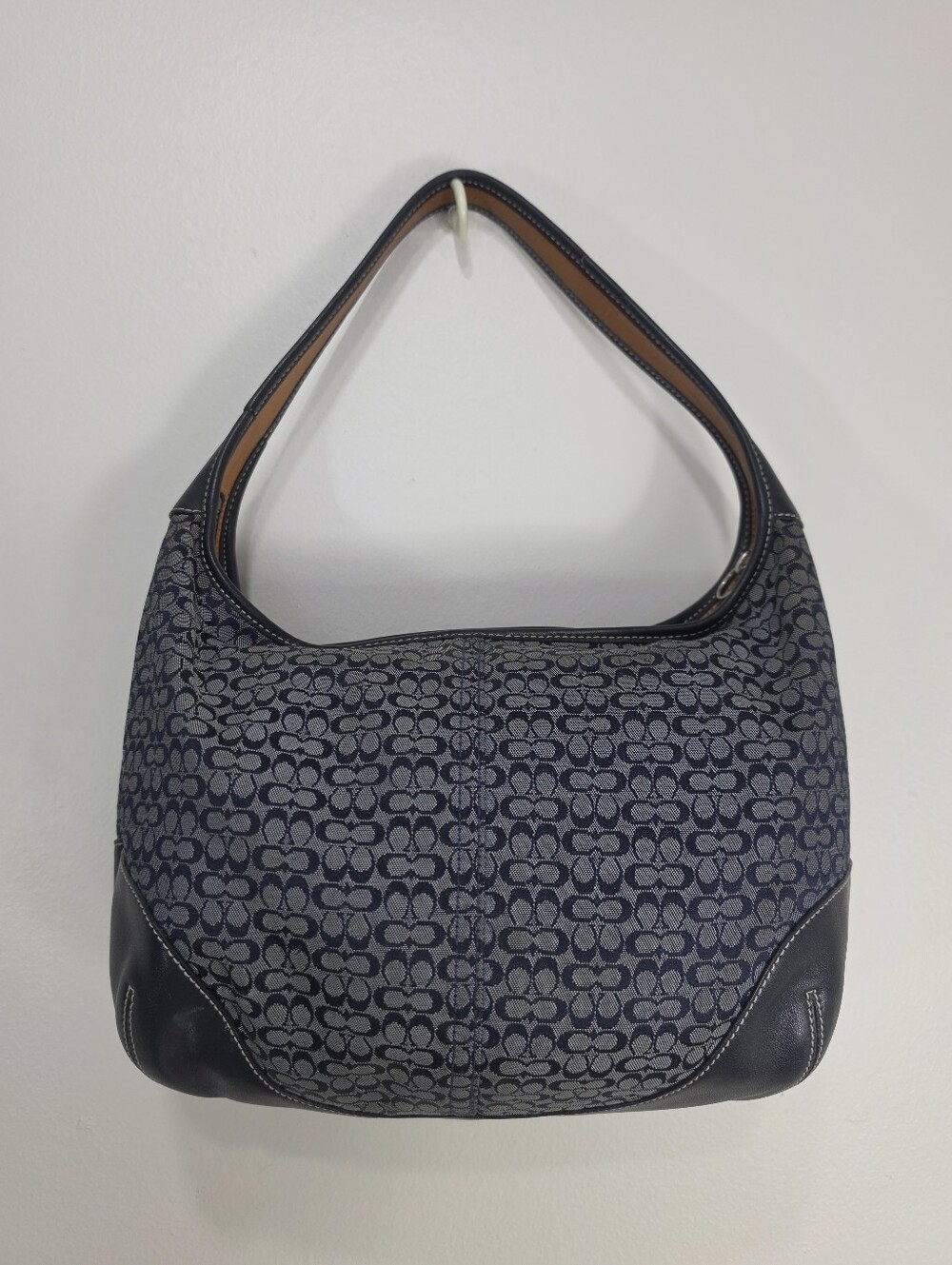 Coach Blue Signature Jacquard Shoulder Bag with Black Leather Trim